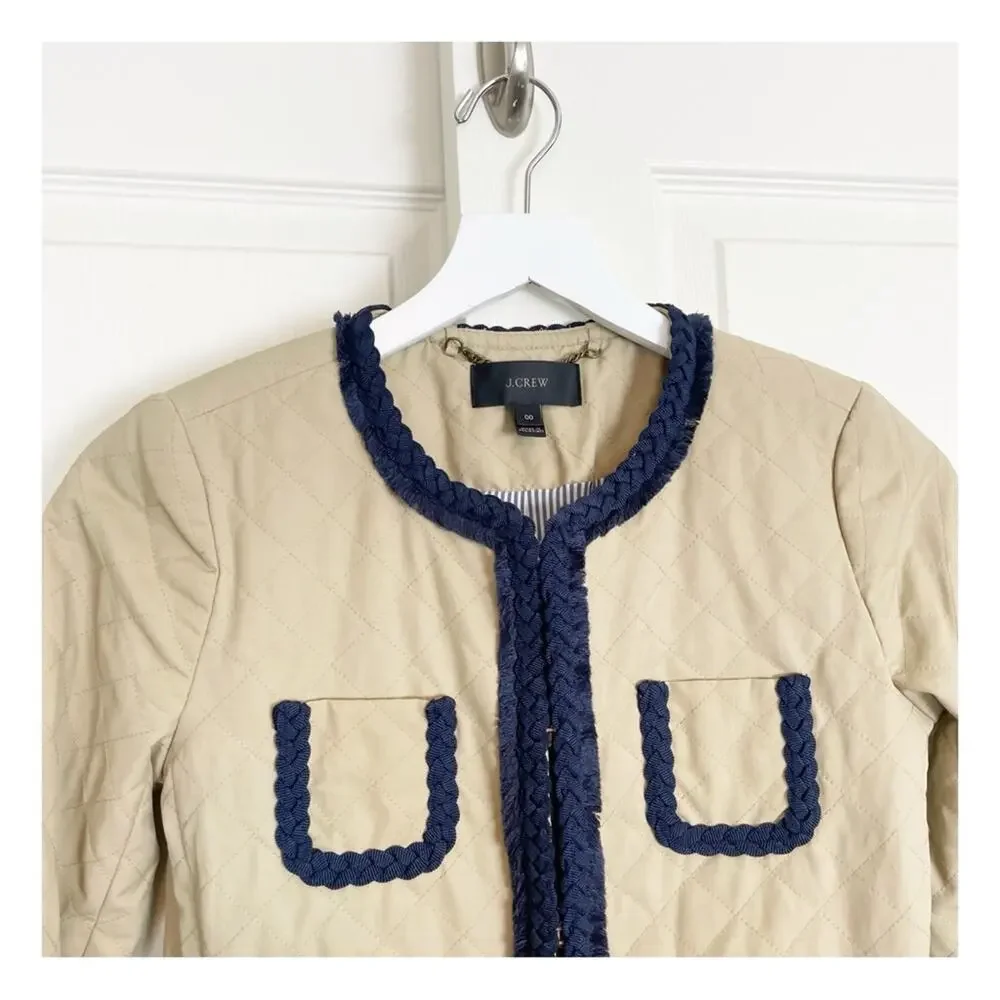 J.Crew Quilted Crop Lady Jacket Tan Braided Fringe Trim Blazer Sz 00